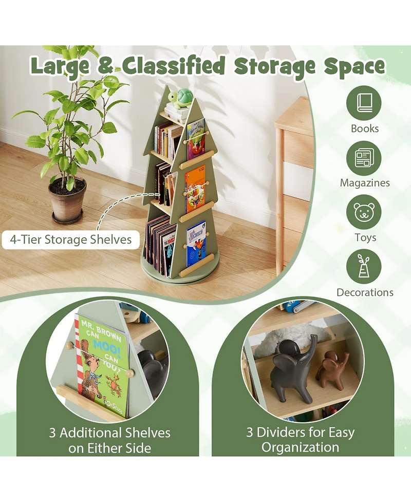 Gymax Kids Rotating Bookshelf 4 Tier Tree Shape Revolving Bookcase 360 Degrees Display Rack
