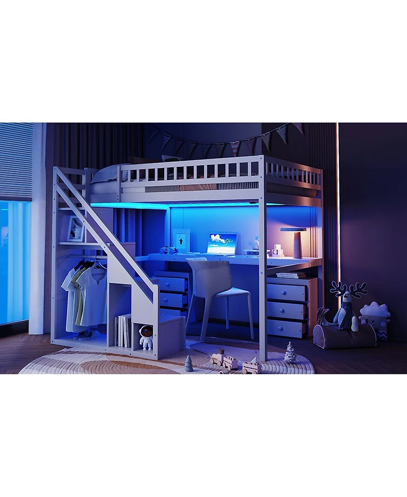 Streamdale Furniture Loft Bed with Two Chest of Drawers, Desk and Light Strip