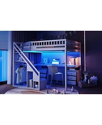 Streamdale Furniture Loft Bed with Two Chest of Drawers, Desk and Light Strip