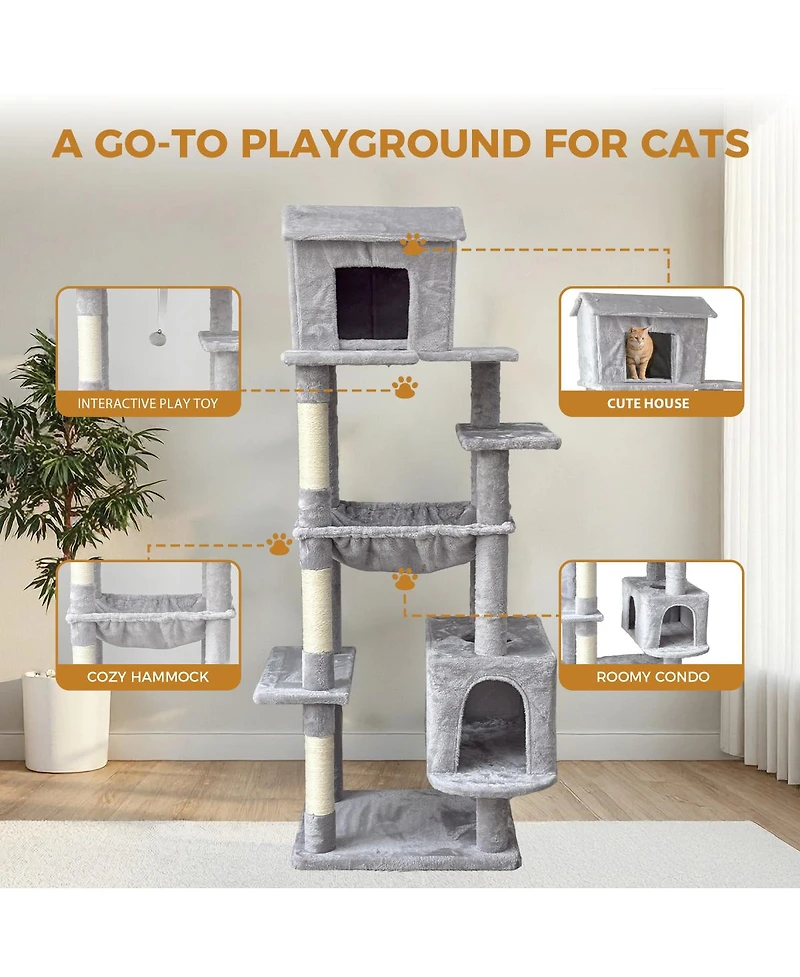 Streamdale Furniture 64in Multi-Level Cat Tree with House, Hammock, and Scratching Posts