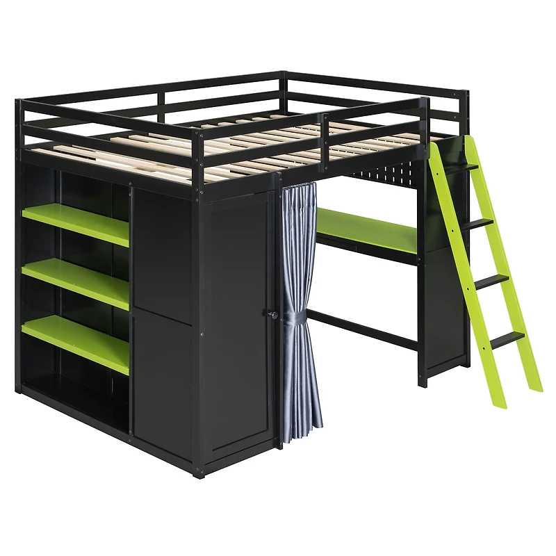 Streamdale Furniture Wood Loft Bed with Wardrobe, Shelves, Curtains and Rgb Lights