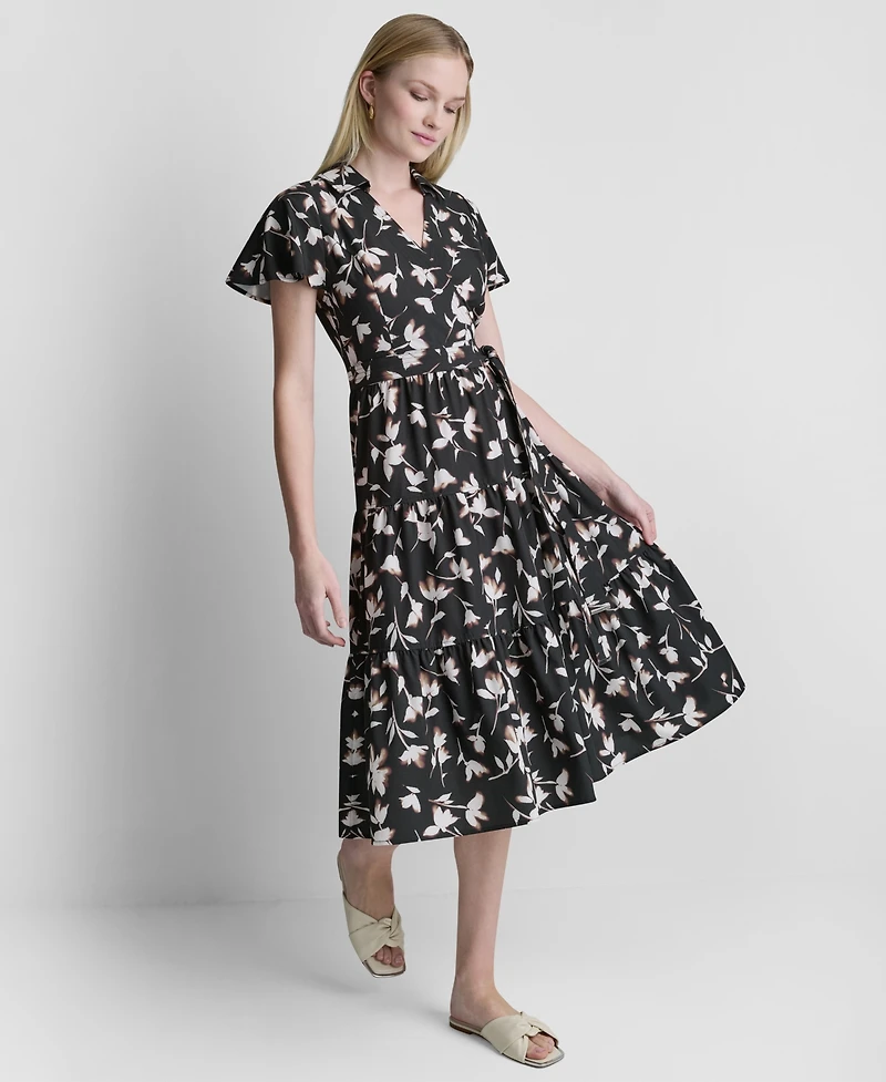 Dkny Women's Flutter-Sleeve Tiered Printed Midi Dress