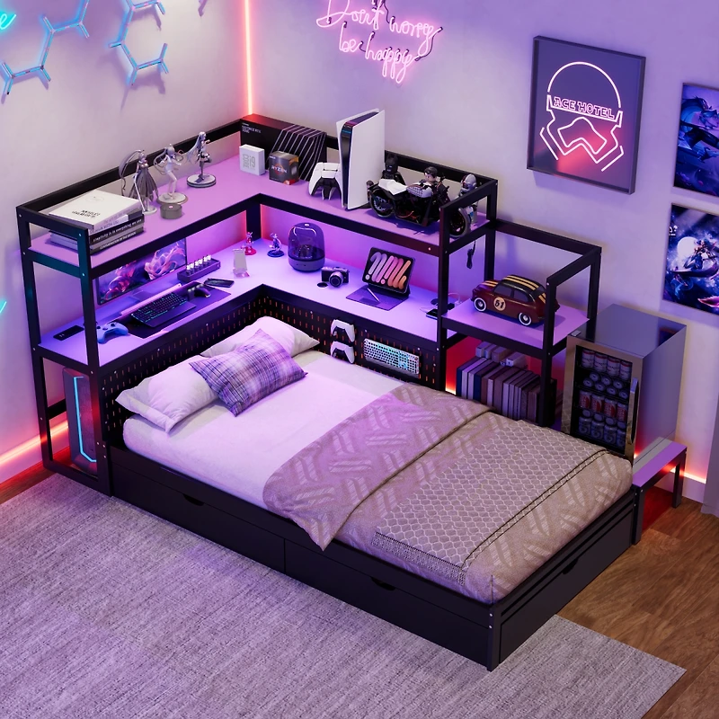 Streamdale Furniture Gaming Daybed with Desk, Led Lights, Storage Drawers and Charging Station