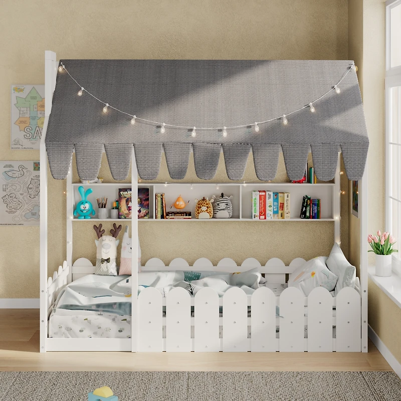 Streamdale Furniture Montessori House Bed with Fence, Storage and Lights (Slats Not Included)