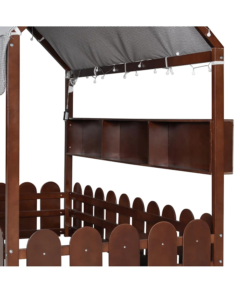 Streamdale Furniture Montessori House Bed with Fence, Storage Shelves and Lights