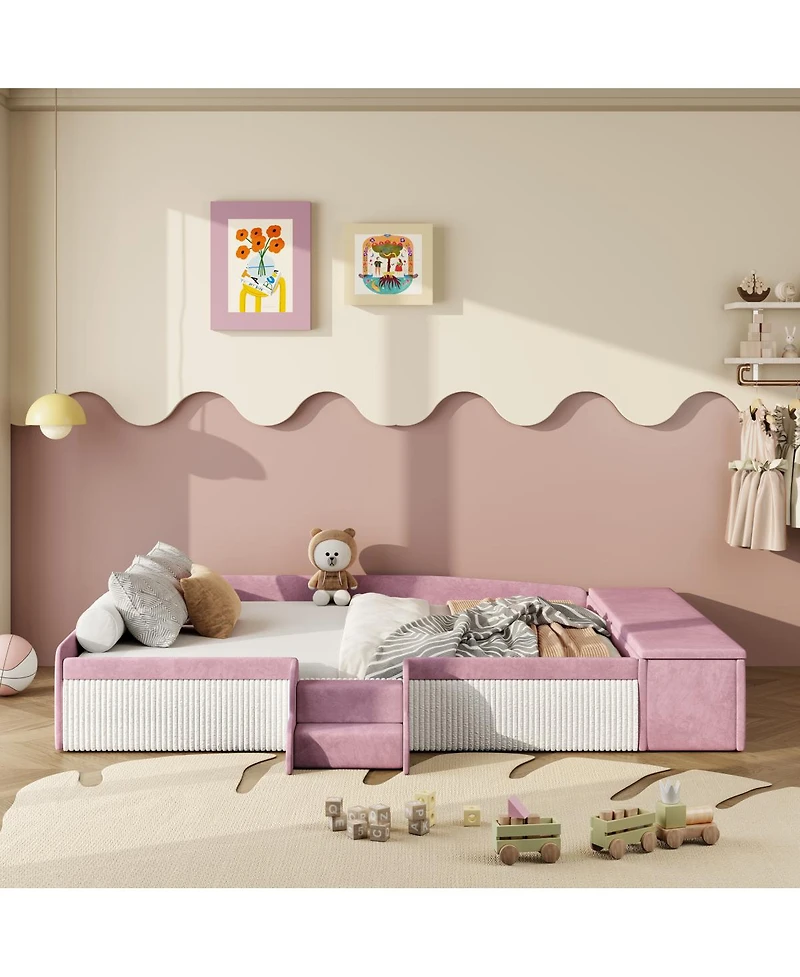 Streamdale Furniture Velvet Daybed with Stairs, Gas Lift Storage, and Padded Guardrails