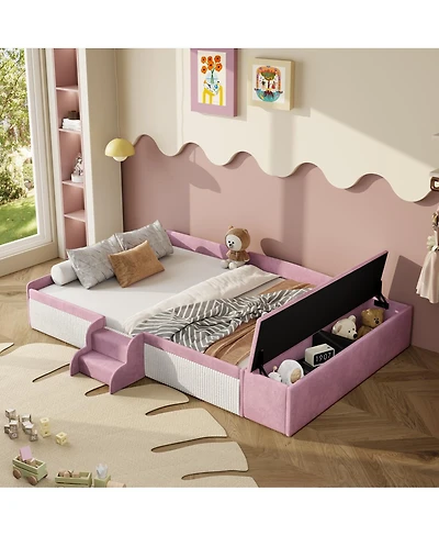 Streamdale Furniture Velvet Daybed with Stairs, Gas Lift Storage, and Padded Guardrails