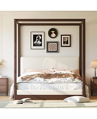 Streamdale Furniture Queen Canopy Platform Bed with Upholstered Headboard, Espresso/White