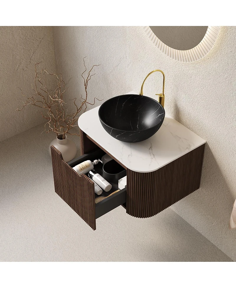Sillysis Wall Mounted Bathroom Vanity with Ceramic Basin, Sintered Stone Countertop, Soft Close Drawer, Pre-assembled