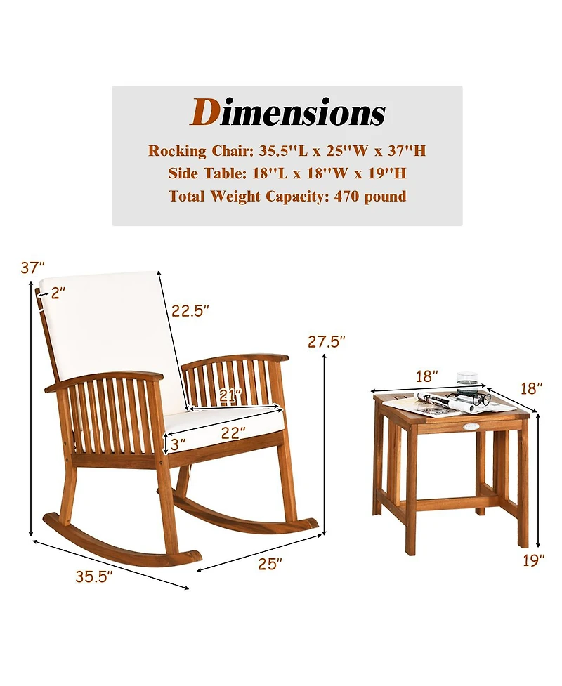 Gymax 3 Pieces Acacia Wood Rocking Bistro Set w/ Coffee Table and Cushions for Lawn