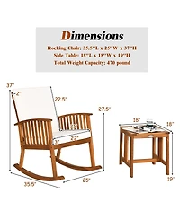 Gymax 3 Pieces Acacia Wood Rocking Bistro Set w/ Coffee Table and Cushions for Lawn