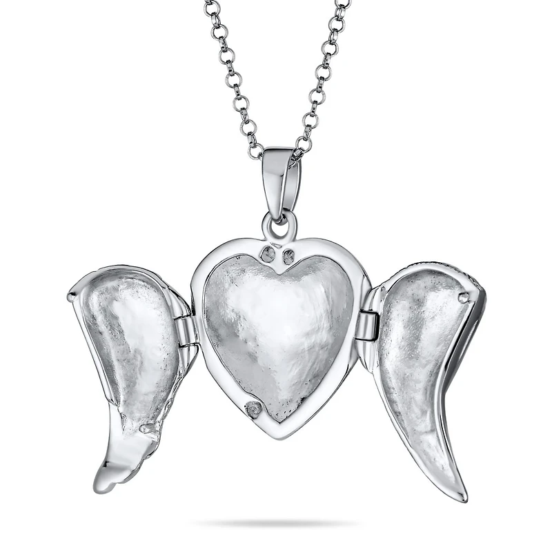 Bling Jewelry Spiritual Angel Wing Feathers Heart Locket Necklace Keepsake Photos Oxidized .925 Sterling Silver