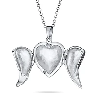 Bling Jewelry Spiritual Angel Wing Feathers Heart Locket Necklace Keepsake Photos Oxidized .925 Sterling Silver
