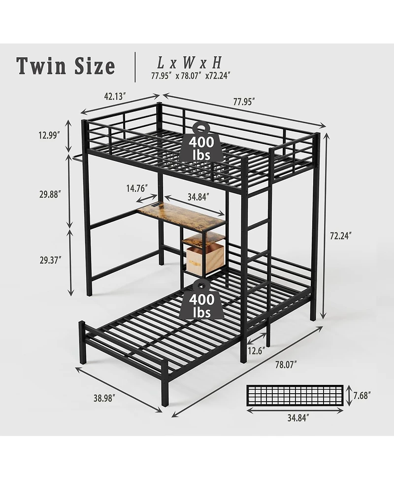Streamdale Furniture Twin Over Twin L-Shaped Metal Bunk Bed with Desk and Storage