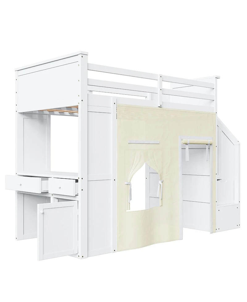Streamdale Furniture Twin Loft Bed with Desk, Lockers, Drawers, Storage Stairs, and Curtain