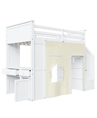 Streamdale Furniture Twin Loft Bed with Desk, Lockers, Drawers, Storage Stairs, and Curtain
