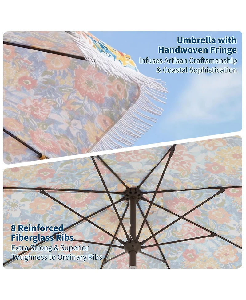gaomon Patio Outdoor Table Umbrella with Retro Fringe with Crank Handle for Backyard, Pool, Camping, Flower Pattern