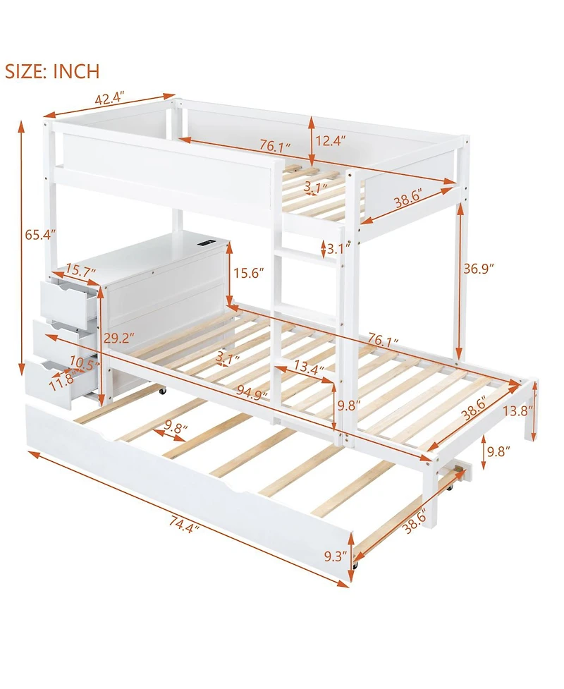Streamdale Furniture Twin-Over-Twin Bunk Bed with Twin size Trundle, Storage and Desk