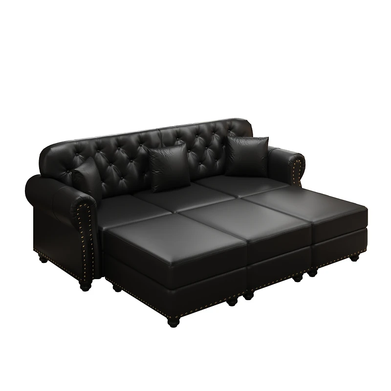 Streamdale Furniture 82.6" Faux Leather Chesterfield Sofa with Nailhead Trim and 3 Pillows