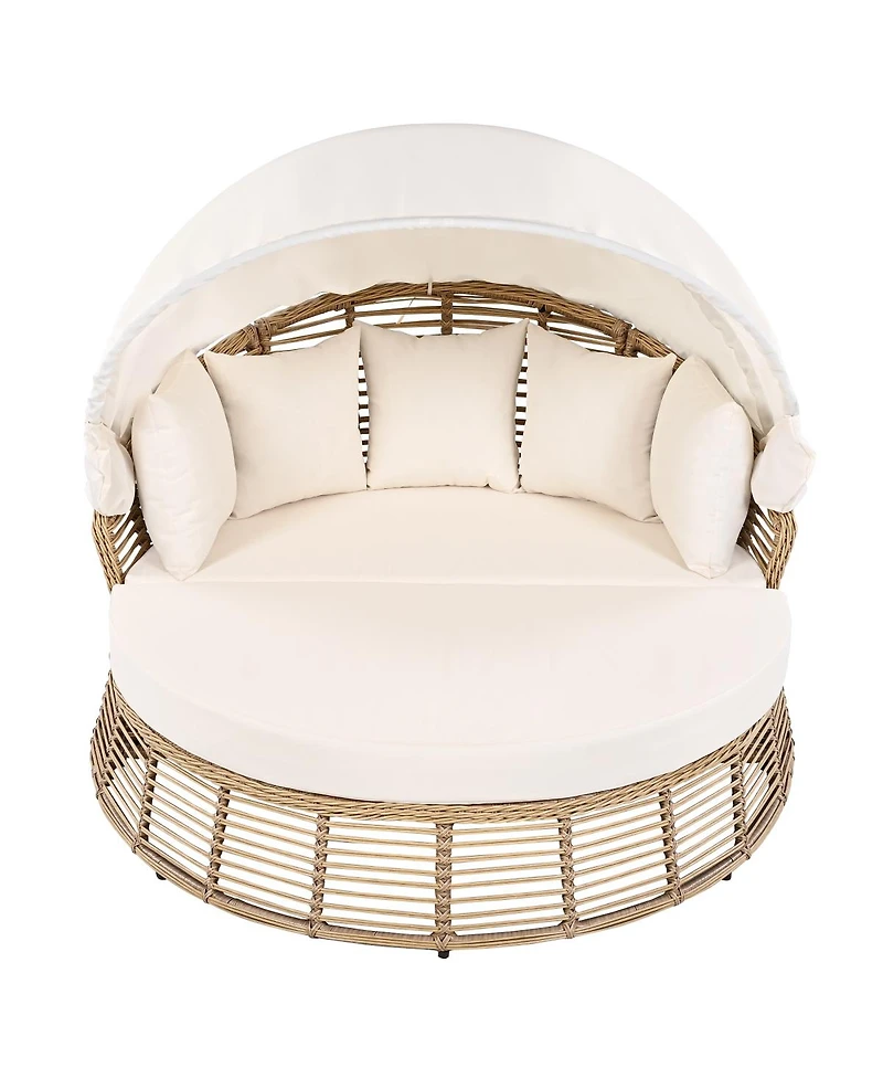 Streamdale Furniture Outdoor Rattan Round Daybed with Retractable Canopy and Cushions