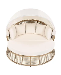 Streamdale Furniture Outdoor Rattan Round Daybed with Retractable Canopy and Cushions