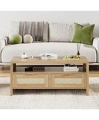 gaomon Boho Rattan Coffee Table - Modern Rectangular Oak Center Table - Wide, 2 Drawers, Open Shelf, Metal Handles - Living Room, Apartment