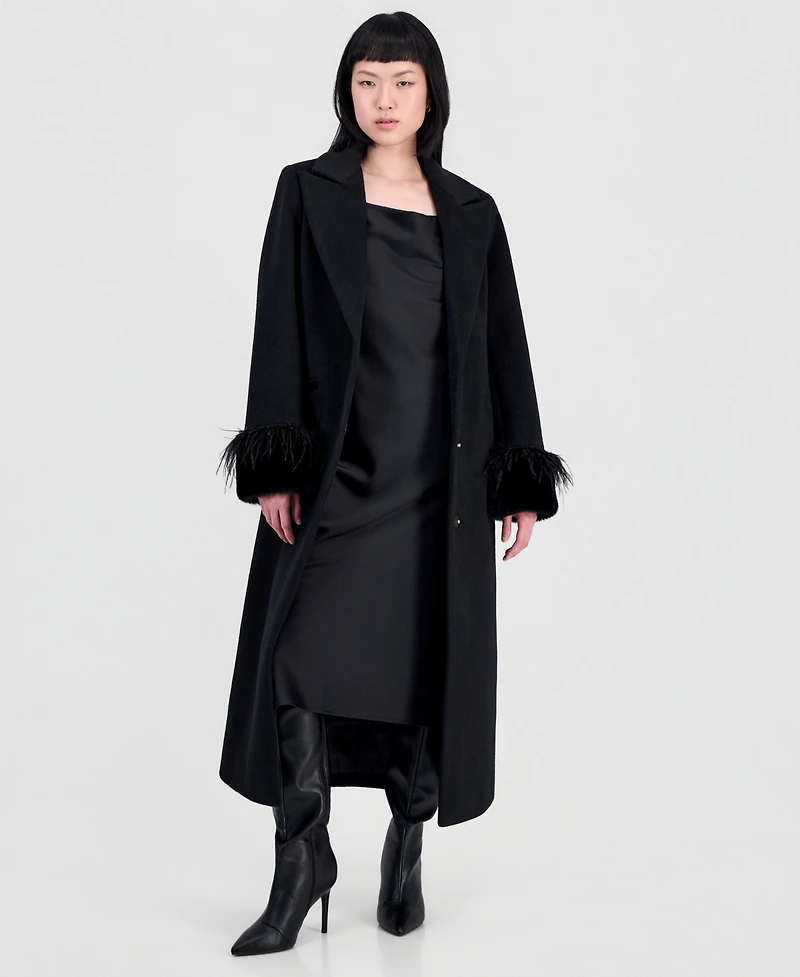 CeCe Women's Faux-Fur and Feather-Trim Maxi Coat