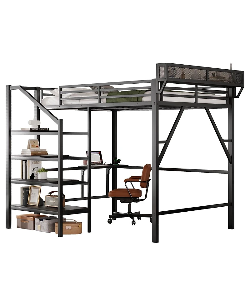 Streamdale Furniture Queen Loft Bed with Foldable Desk, Charging Station, and Storage Staircase