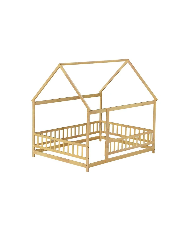 Streamdale Furniture Full Size House Floor Wooden Bed with Roof Frame, Safety Guardrails
