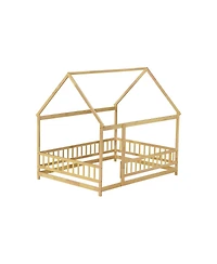 Streamdale Furniture Full Size House Floor Wooden Bed with Roof Frame, Safety Guardrails