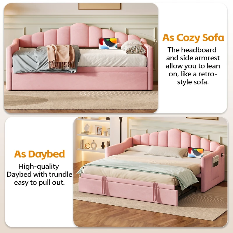 Streamdale Furniture Upholstered Twin Daybed with Pop-Up Trundle, Usb Charging and Side Pockets