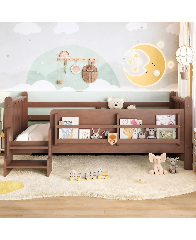 Streamdale Furniture Twin Size Solid Wood Floor Bed with Storage Bookcases and Stairs