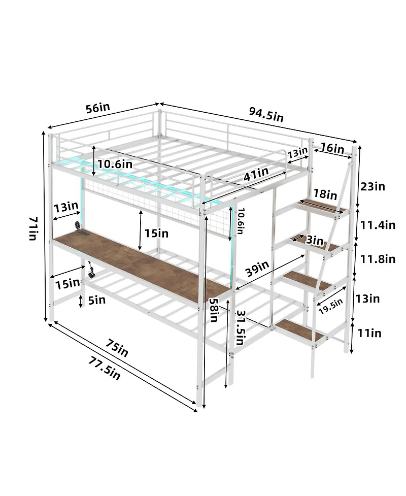 Streamdale Furniture Full Over Twin Metal Bunk Bed with Desk and Led Lighting