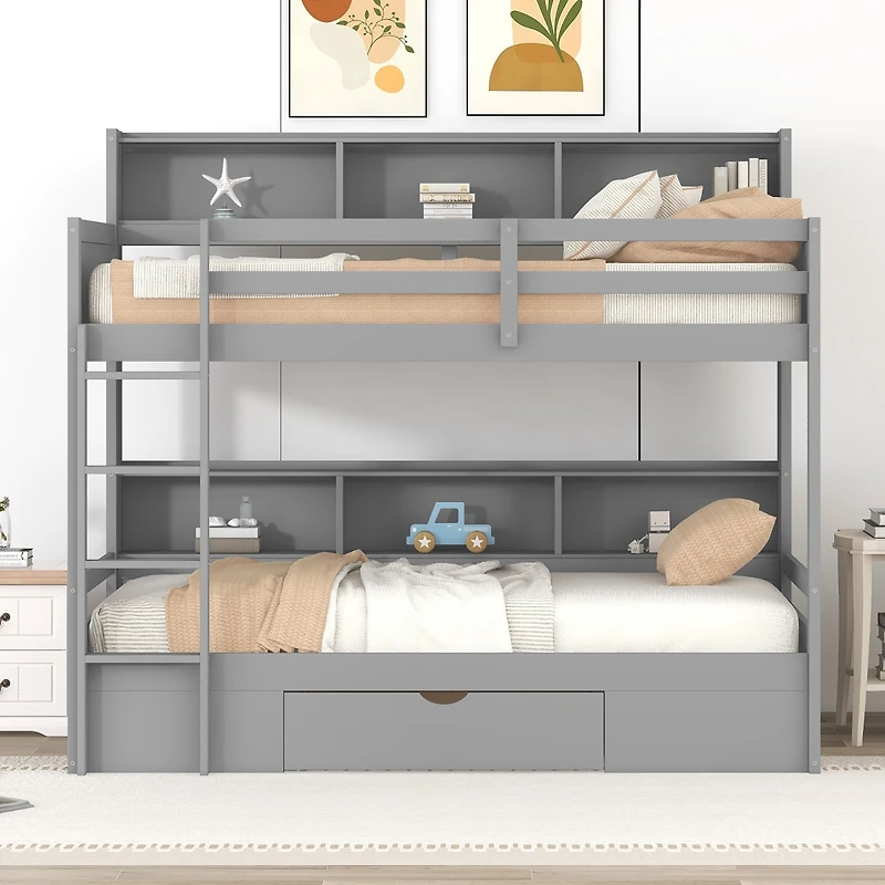 Streamdale Furniture Twin Bunk Bed with Built-in Shelves and Storage Drawer