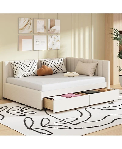 Streamdale Furniture Full Size Upholstered Daybed With 2 Storage Drawers, Linen