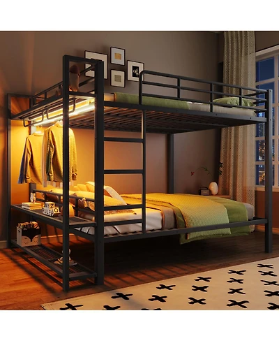 Streamdale Furniture Queen Size Metal Bunk Bed With Storage Shelves, Hooks, And Led Lights