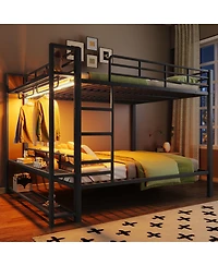 Streamdale Furniture Queen Size Metal Bunk Bed With Storage Shelves, Hooks, And Led Lights