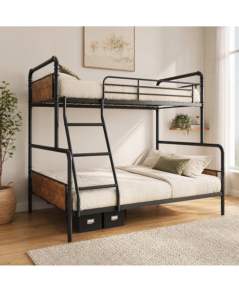 homfan Modern Metal Bunk Bed Frame with Guardrails and Secure Ladder, Convertible Split Design, Under-Bed Storage Clearance, Industrial Style