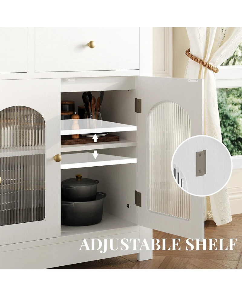 homfan Farmhouse Sideboard Buffet Cabinet with Fluted Acrylic/Glass Doors, Shelves, Multi-Drawer Storage for Kitchen, Entryway or Media Console