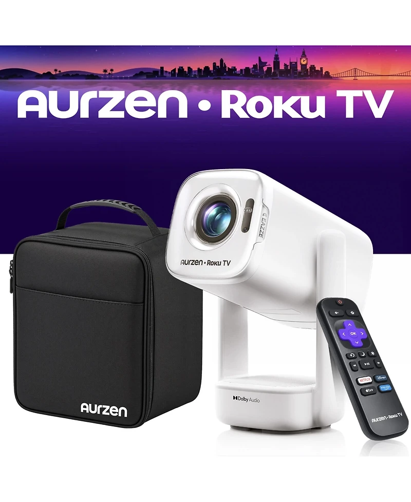 Aurzen Mini Portable Roku Tv Projector with Carrying Case, Roku Built-in, Usb-c Powered, Native 1080P, DoIby Audio, Auto Focus and Keystone
