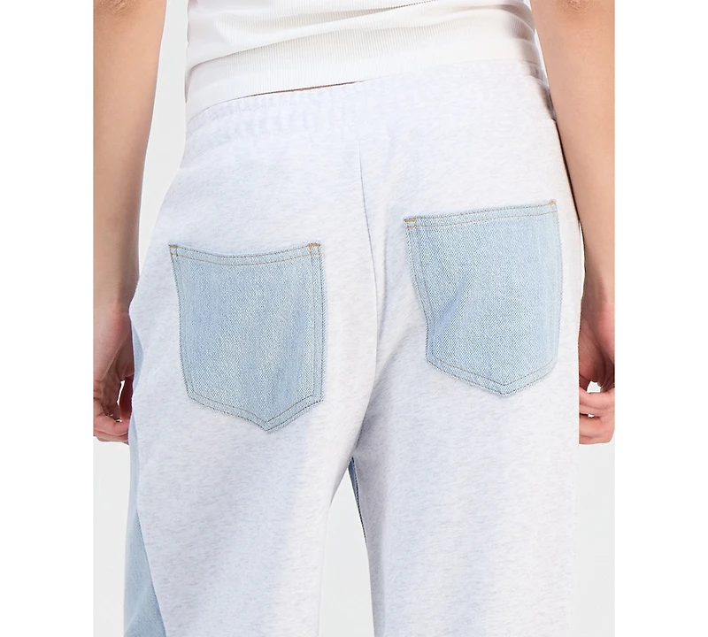 Madden Girl Juniors' Mixed-Media Wide-Leg Sweatpant Jeans