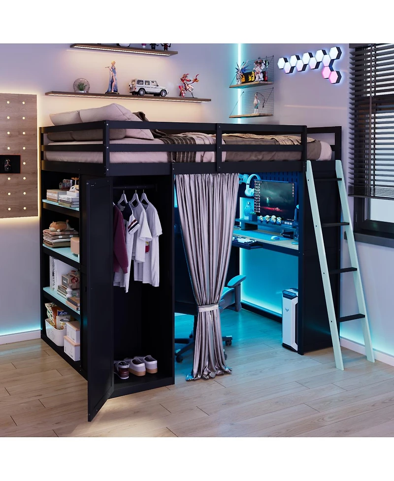 Streamdale Furniture Full Size Wood Loft Bed with Wardrobe, Shelves, Curtains and Lights