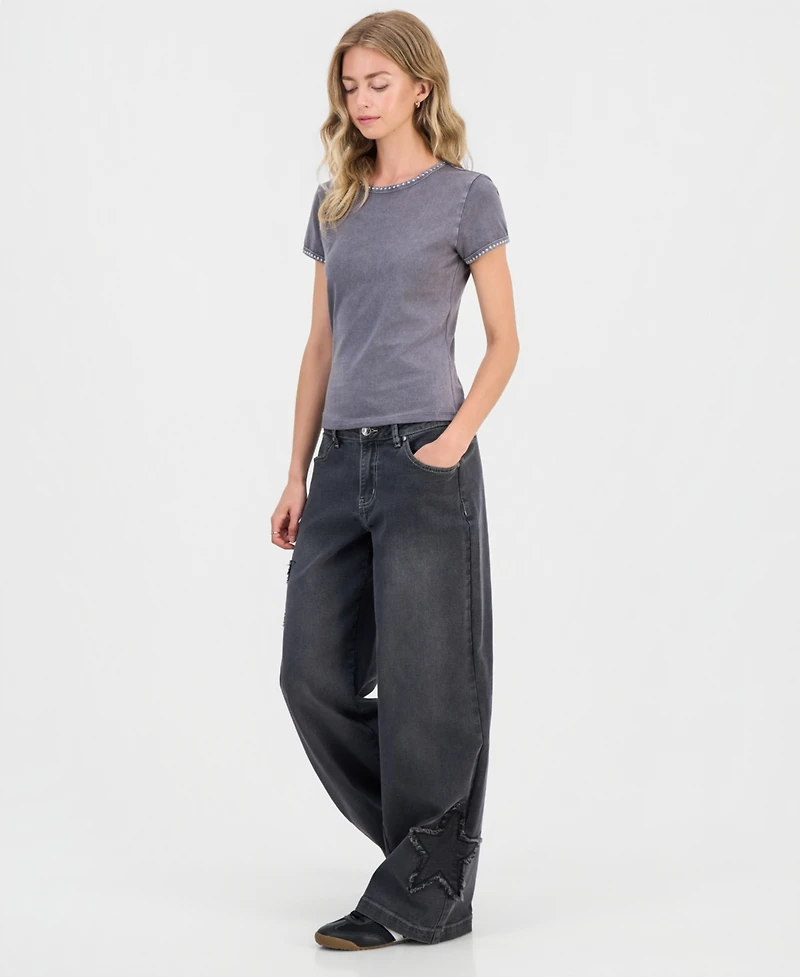 Madden Girl Juniors' Star Patch High Rise Wide Leg Jeans