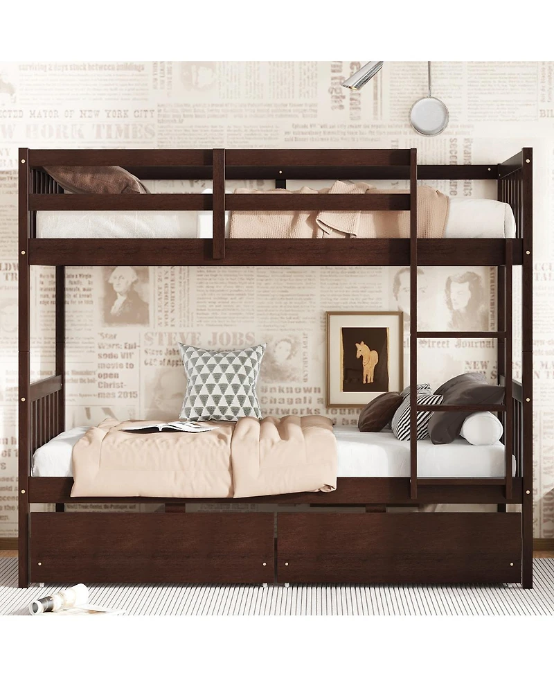 Streamdale Furniture Twin Over Twin Rubber Wood Bunk Bed with 2 Drawers, Convertible to 2 Twin Beds