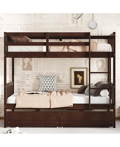 Streamdale Furniture Twin Over Twin Rubber Wood Bunk Bed with 2 Drawers, Convertible to 2 Twin Beds