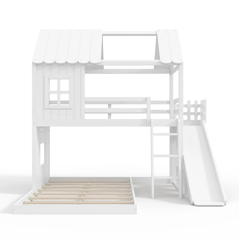 Streamdale Furniture Twin over Full House Bunk Bed with Slide, Storage, and Wardrobe