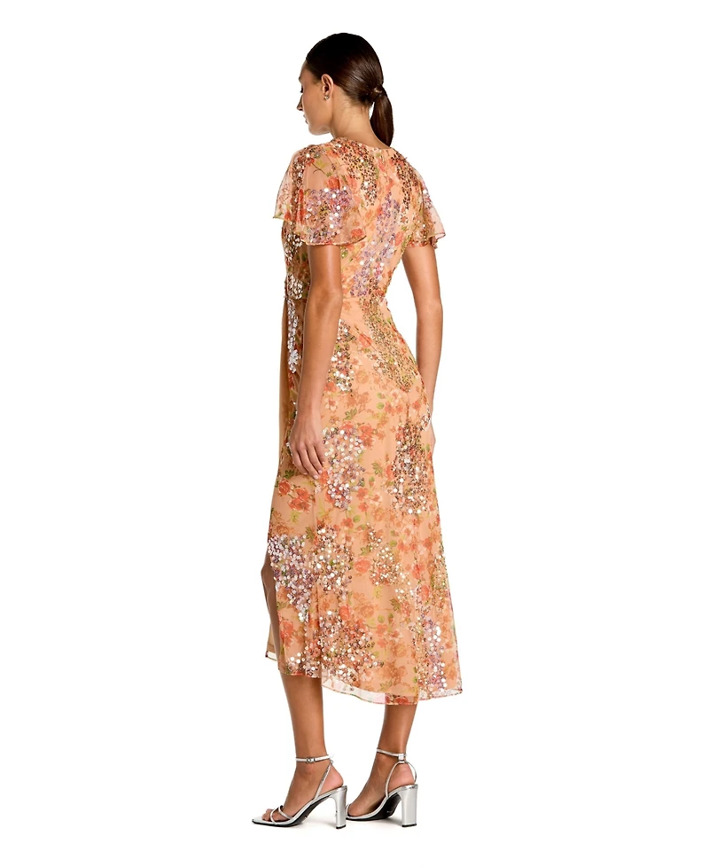Mac Duggal Women's Printed Mesh Flutter Sleeve Faux Wrap Midi Dress
