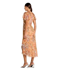 Mac Duggal Women's Printed Mesh Flutter Sleeve Faux Wrap Midi Dress