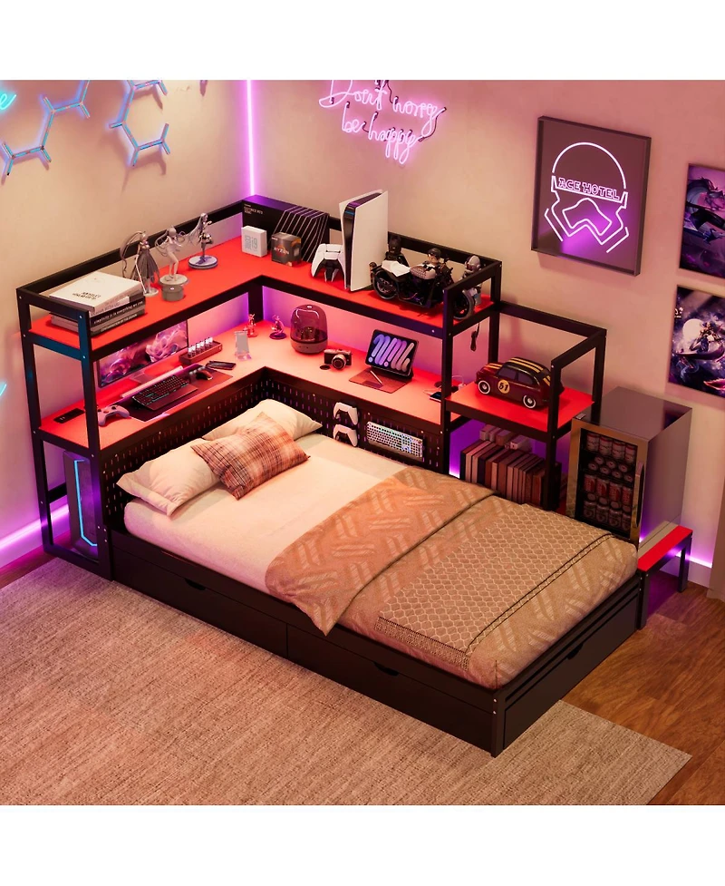 Streamdale Furniture Twin Gaming Daybed with Desk, Led Lights, 3 Drawers and Charging Station