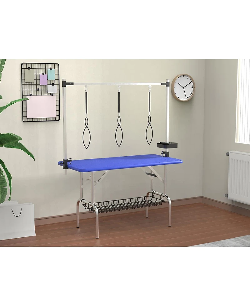 Streamdale Furniture 47 Inch Foldable Stainless Steel Dog Grooming Table with Adjustable Arms and Tray